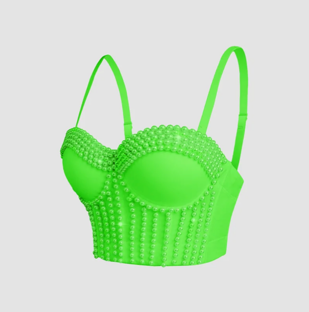 Bright neon green corset camisole featuring decorative pearl embellishments and adjustable straps.