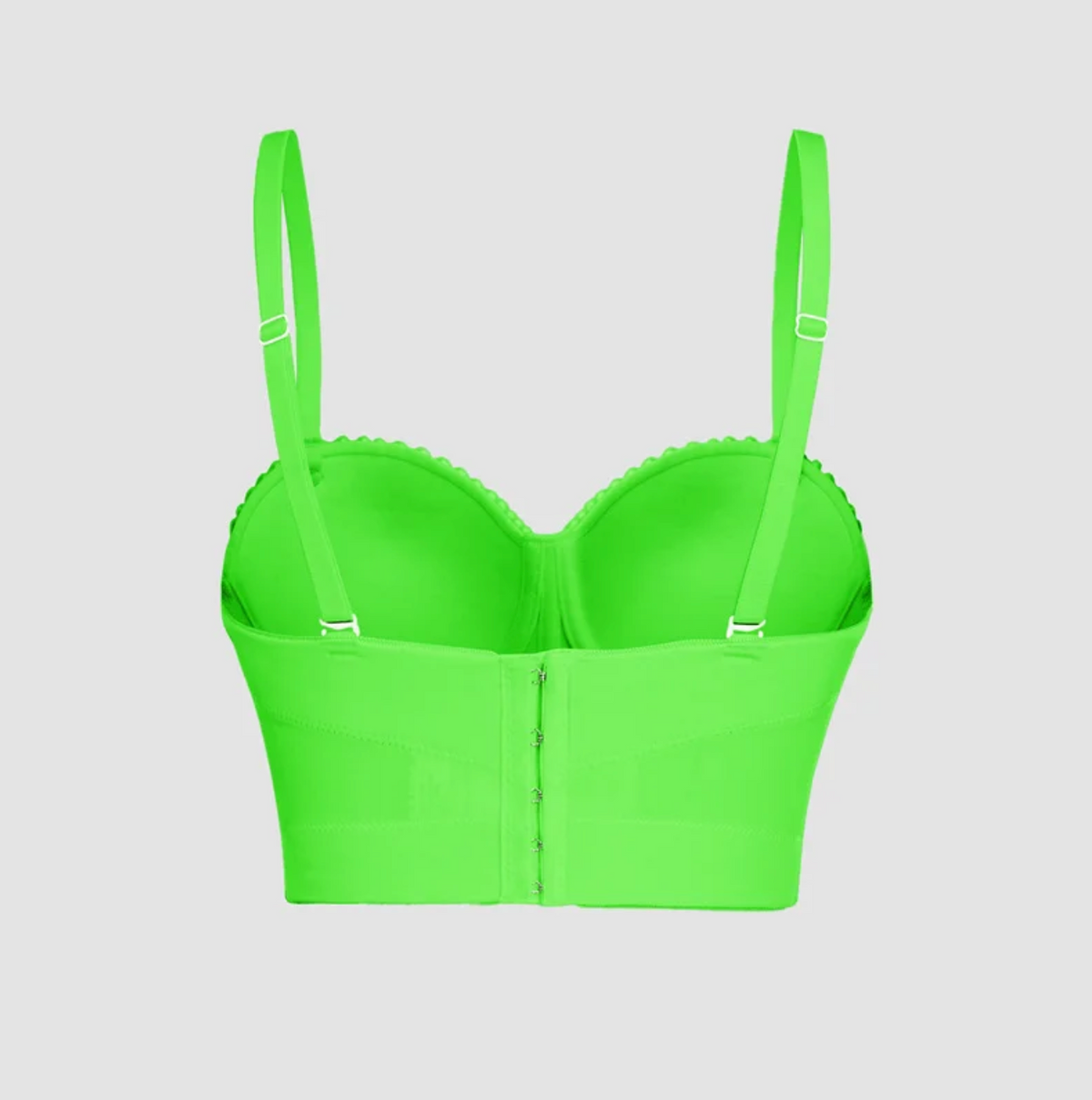 Bright neon green handmade corset camisole with adjustable straps and a hook-and-eye back closure.
