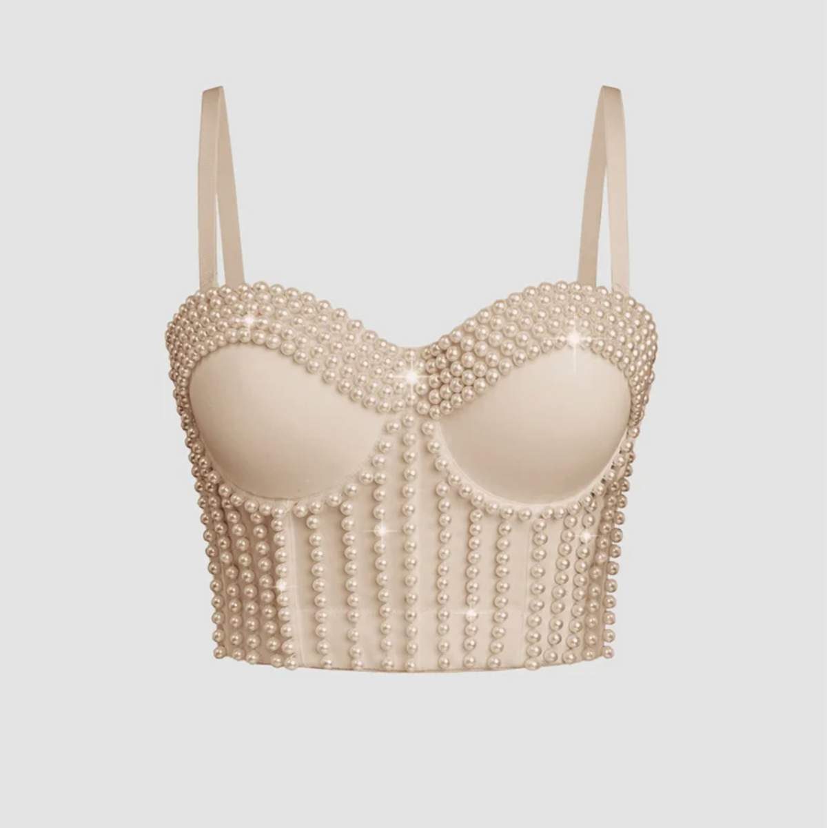 Beige corset camisole featuring vertical rows of decorative pearls and structured cups for a glamorous, fitted look.