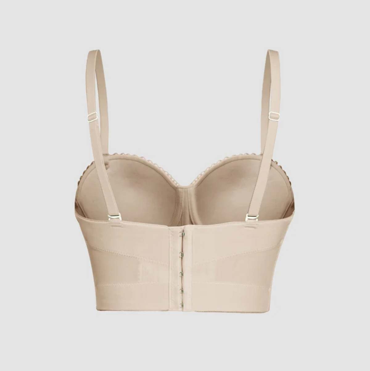 Beige Ina corset camisole with adjustable straps, structured cups, and a back hook-and-eye closure in smooth polyester.