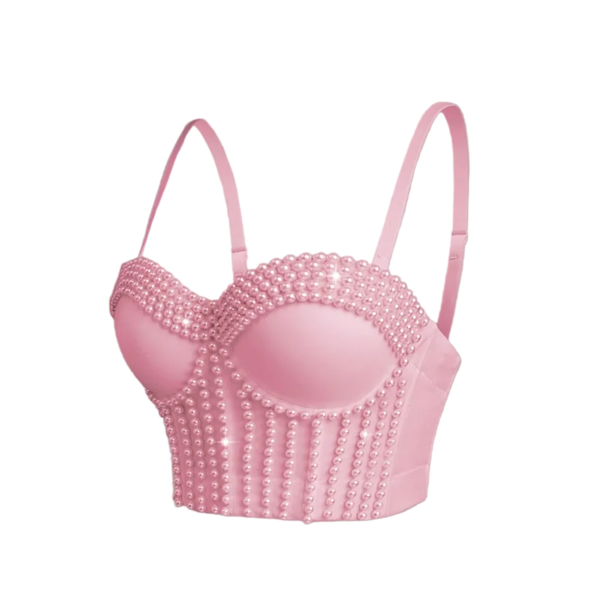 Pink corset camisole featuring vertical rows of decorative pearls and adjustable straps in a structured, fitted style.