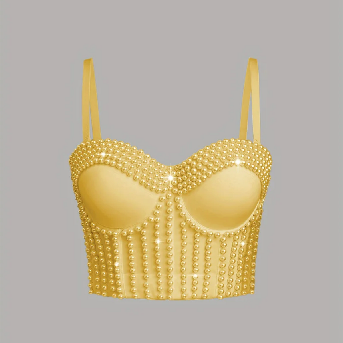 Gold handmade corset camisole featuring intricate pearl embellishments and a structured, form-fitting design.