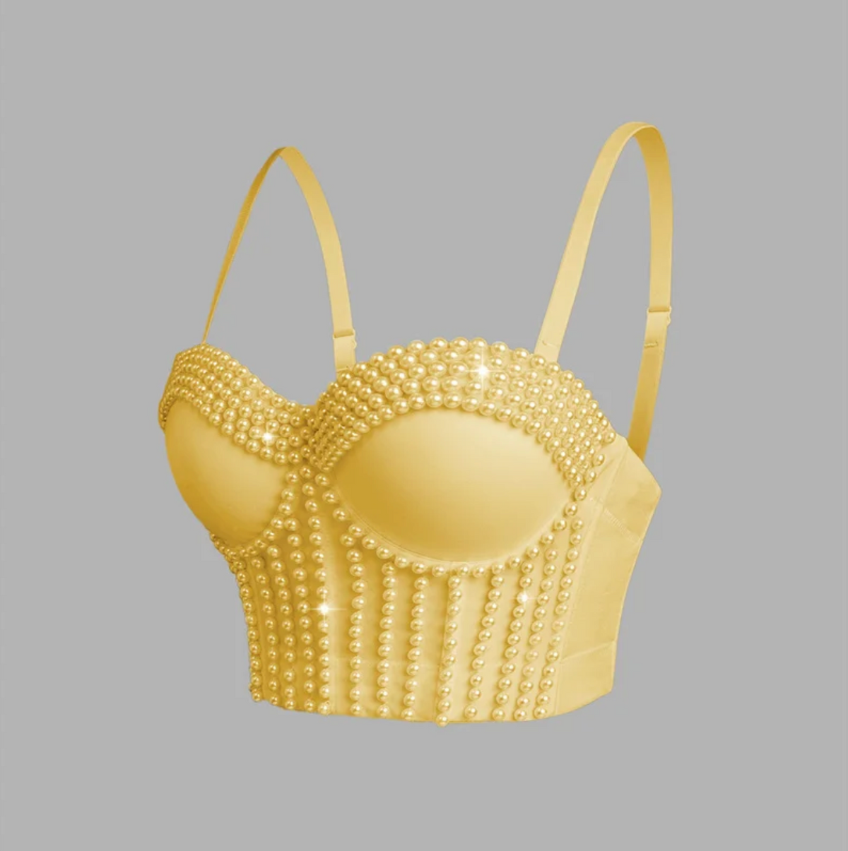 Yellow corset camisole featuring intricate pearl embellishments and adjustable straps for a luxurious, modern club style.