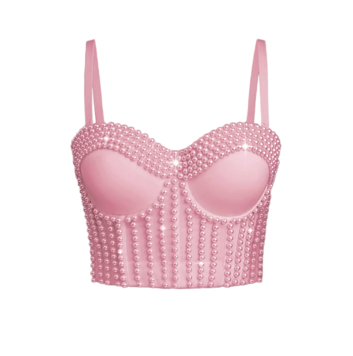 Pink handmade corset camisole featuring decorative pearl embellishments and a structured, form-fitting design.