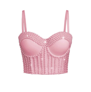 Pink handmade corset camisole featuring decorative pearl embellishments and a structured, form-fitting design.