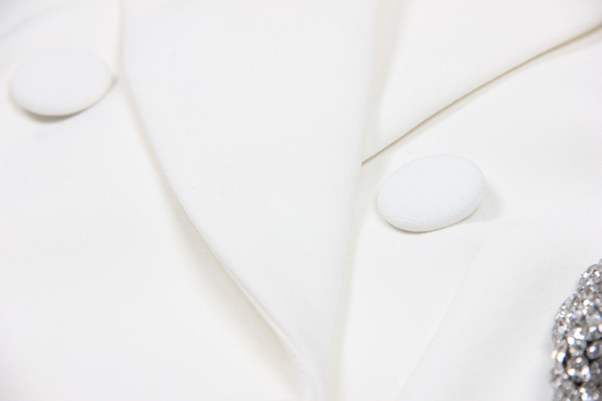 Double Breasted Blazer With Rhinestone Bows on Shoulders