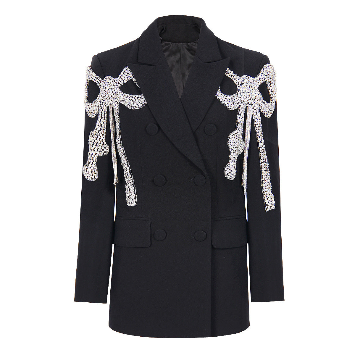 Double Breasted Blazer With Rhinestone Bows on Shoulders