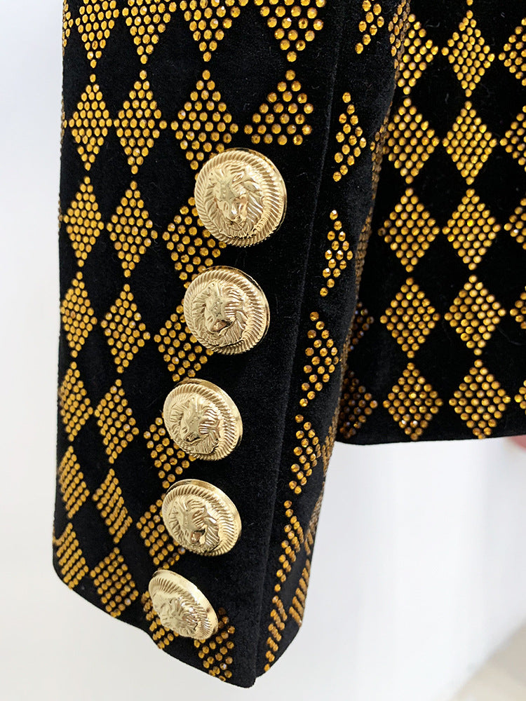 Rhombic Rhinestone Double Breasted Fruit Collar Velvet Blazer With Ornate Gold Buttons