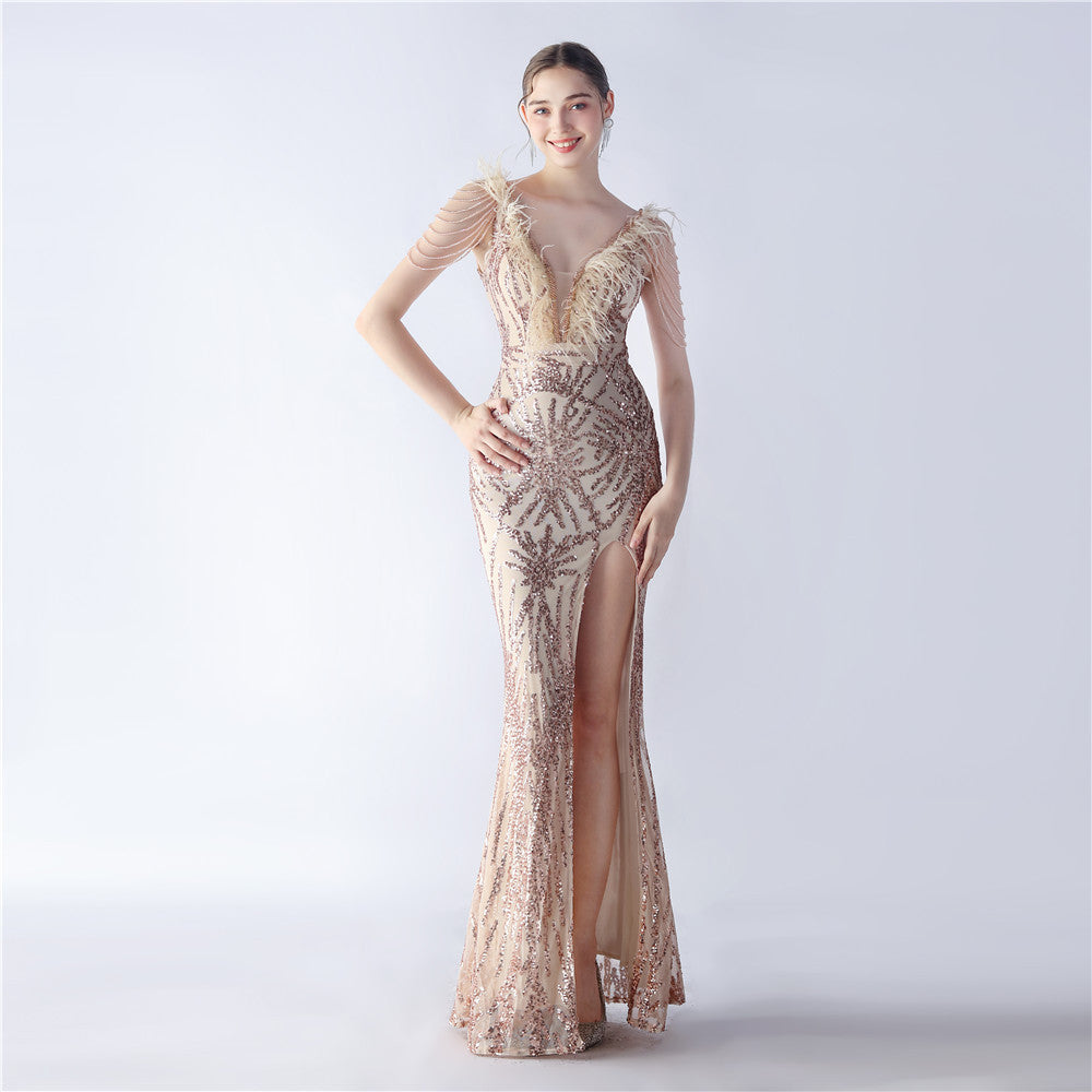 Ostrich Feather Sequined Maxi