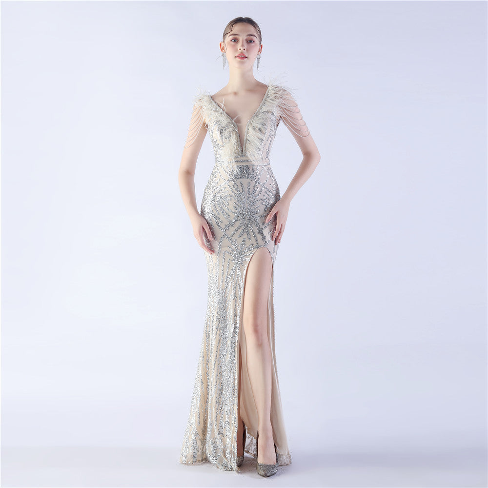 Ostrich Feather Sequined Maxi