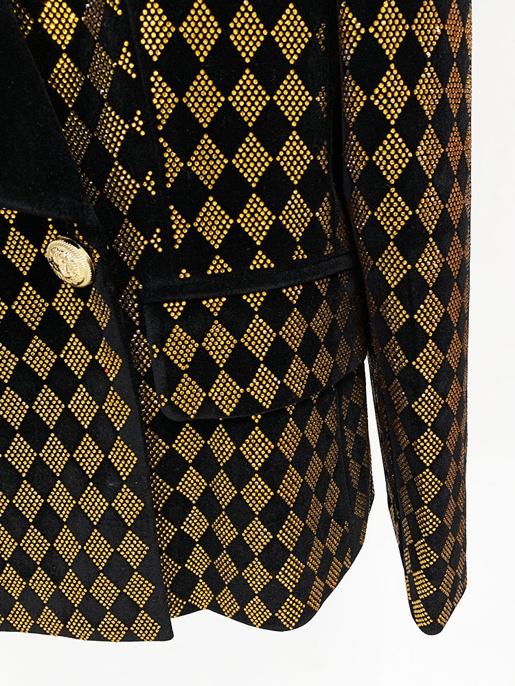 Rhombic Rhinestone Double Breasted Fruit Collar Velvet Blazer With Ornate Gold Buttons
