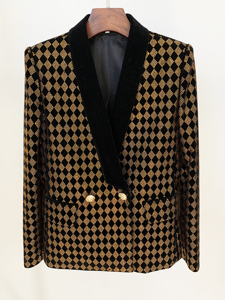 Rhombic Rhinestone Double Breasted Fruit Collar Velvet Blazer With Ornate Gold Buttons
