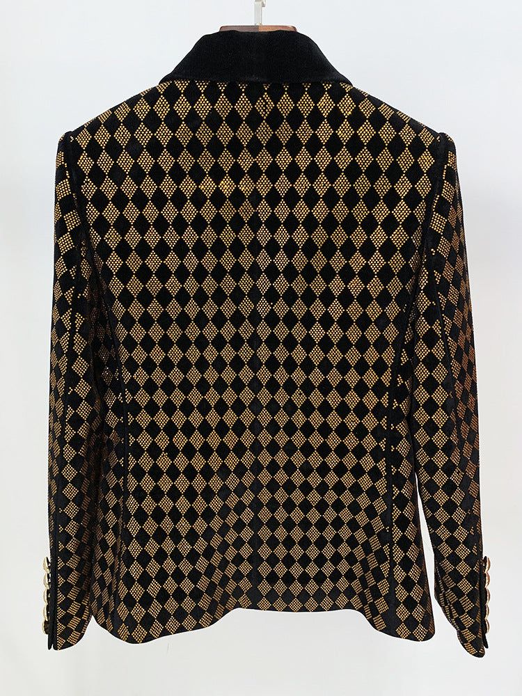 Rhombic Rhinestone Double Breasted Fruit Collar Velvet Blazer With Ornate Gold Buttons