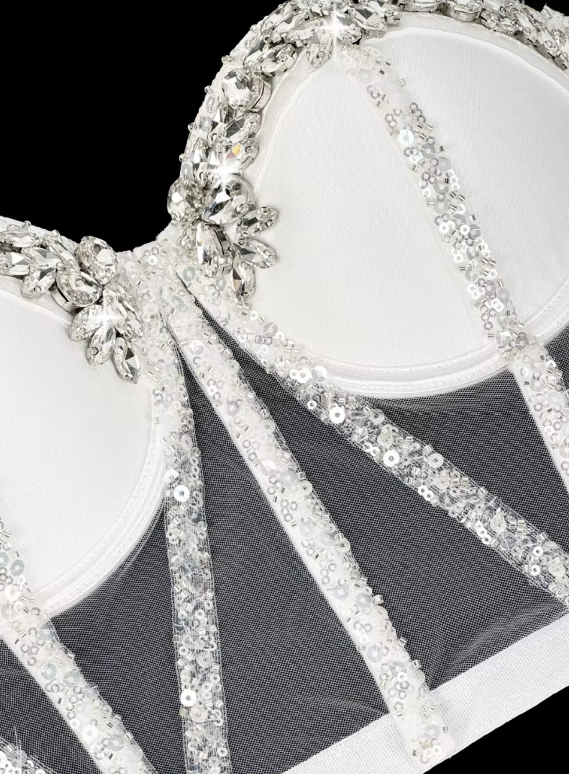 White mesh Rocky bustier featuring structured boning, intricate silver sequin trim, and sparkling crystal rhinestone embellishments.