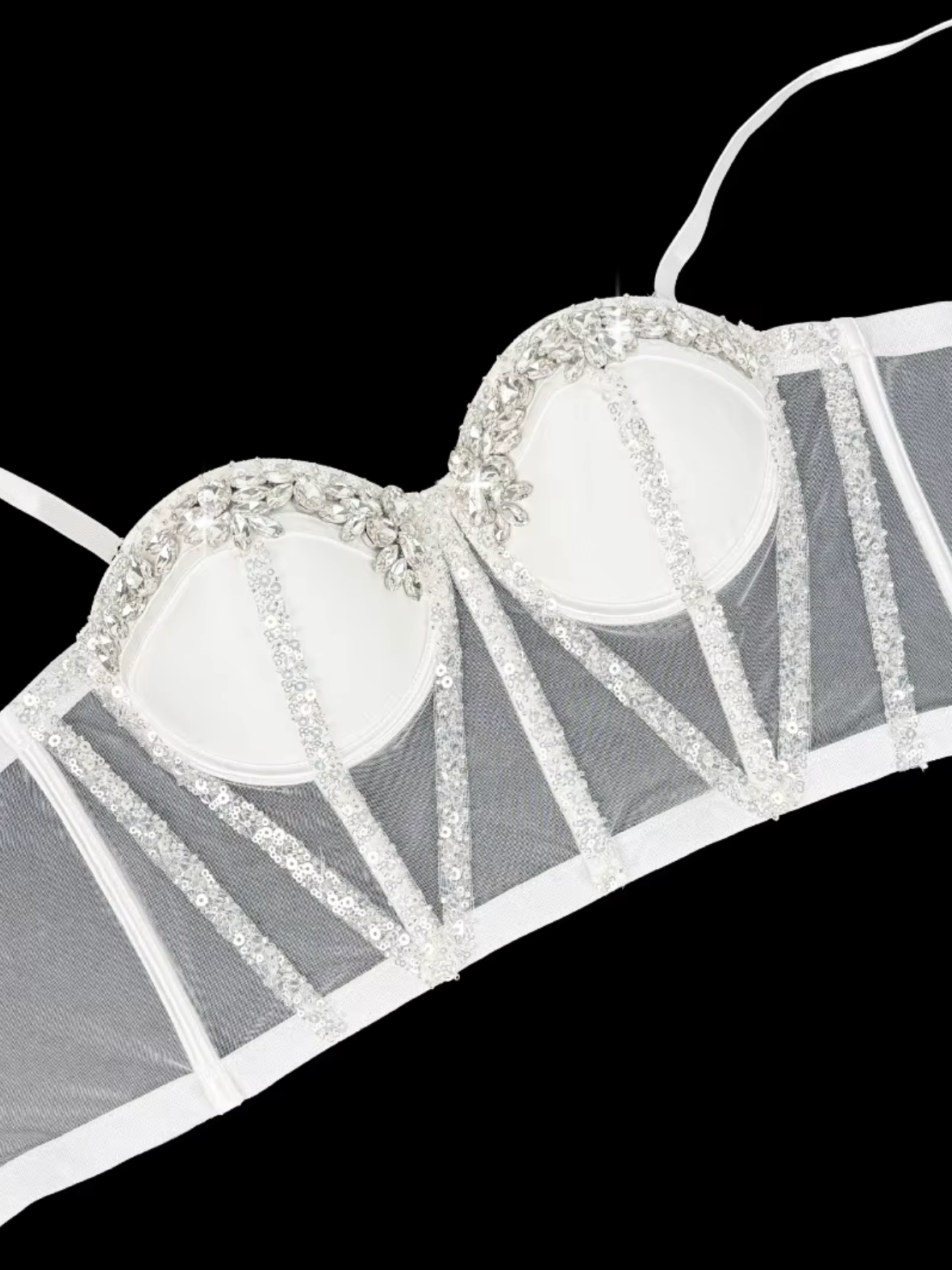 White mesh Rocky bustier with structured boning, sequin trim, and sparkling rhinestone embellishments on the cups.