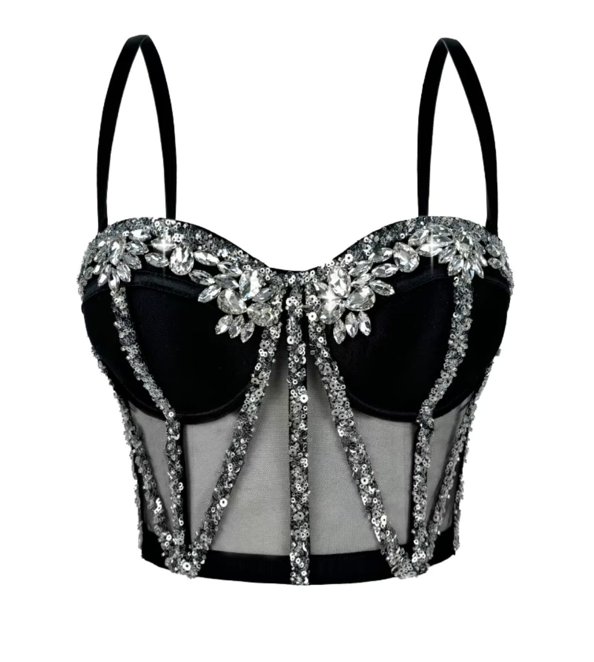Black mesh bustier with structured boning, silver sequin trim, and sparkling rhinestone embellishments on the neckline.