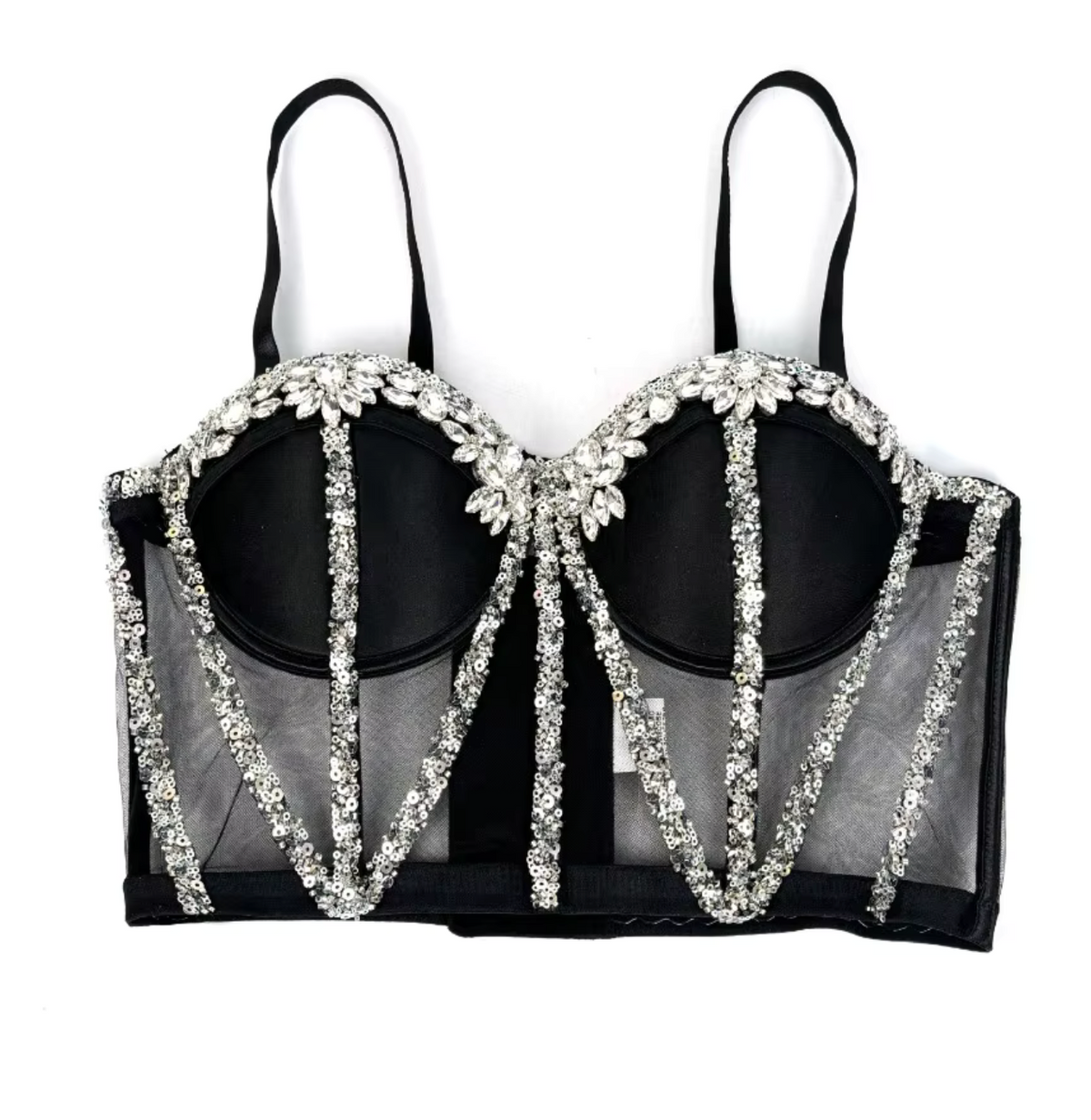 Black mesh Rocky bustier with structured boning, sparkling rhinestone embellishments, and sequin detailing on a cropped silhouette.