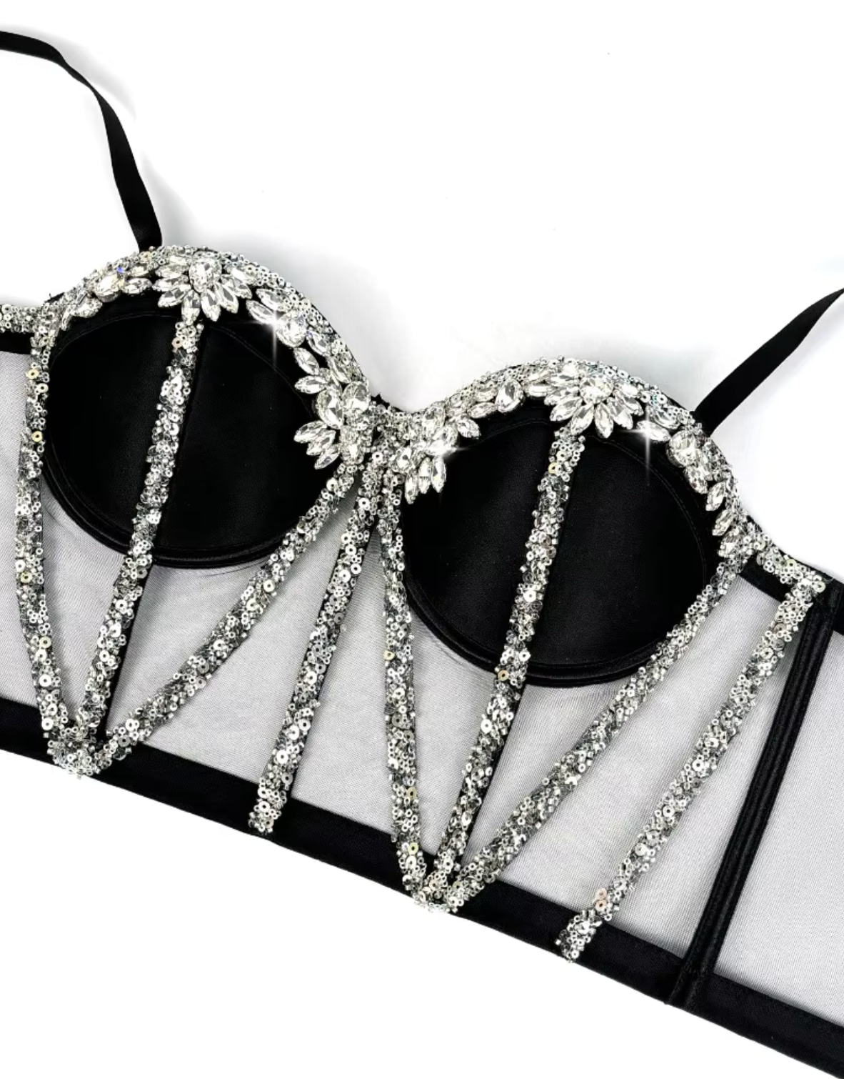 Black mesh Rocky bustier with structured boning, silver sequin trim, and sparkling rhinestone embellishments.