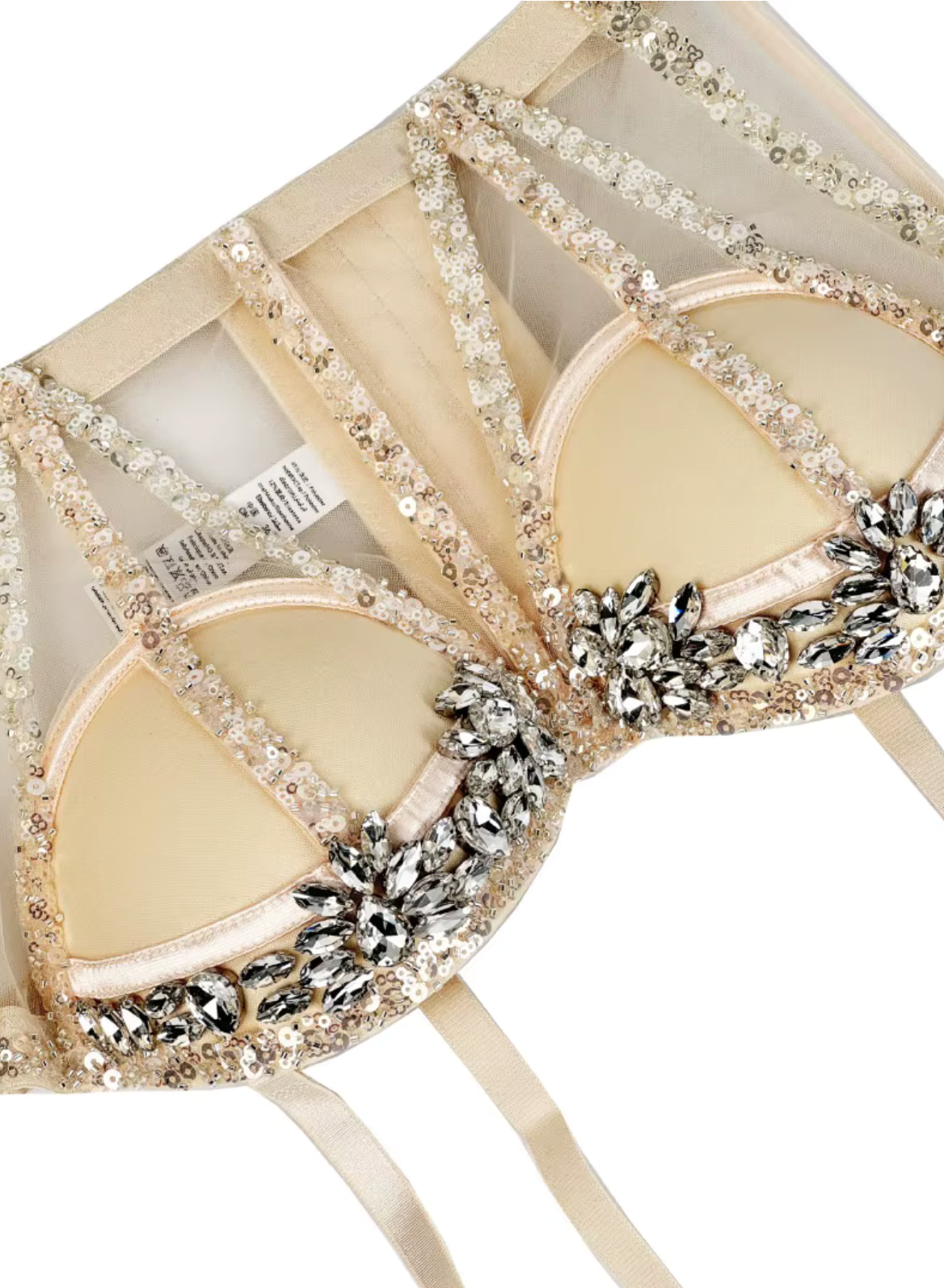 Beige mesh Rocky bustier featuring structured boning, sequin trim, and intricate crystal rhinestone embellishments.