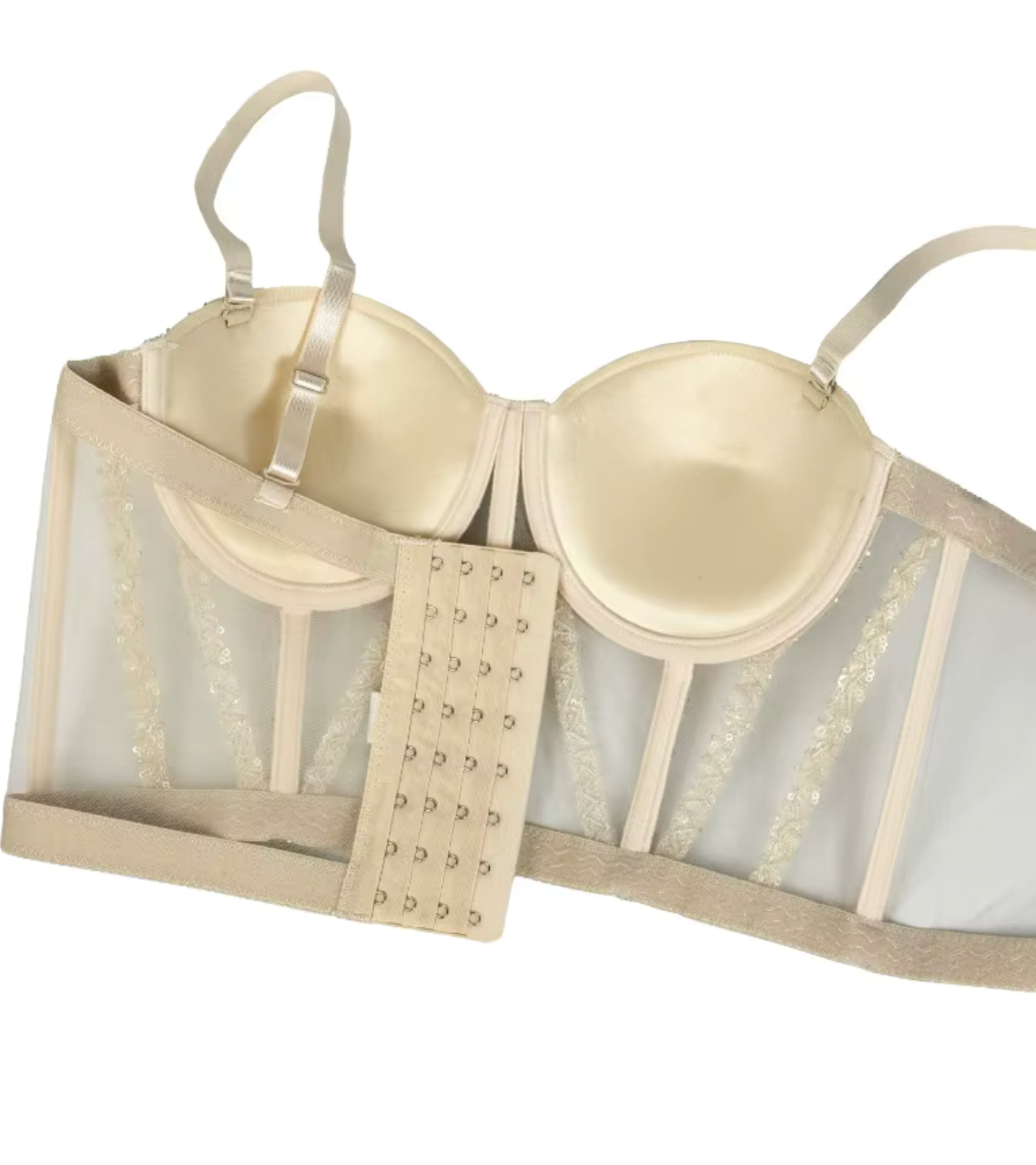 Beige mesh Rocky bustier with boning, sequin embellishments, padded cups, and a hook-and-eye back closure.