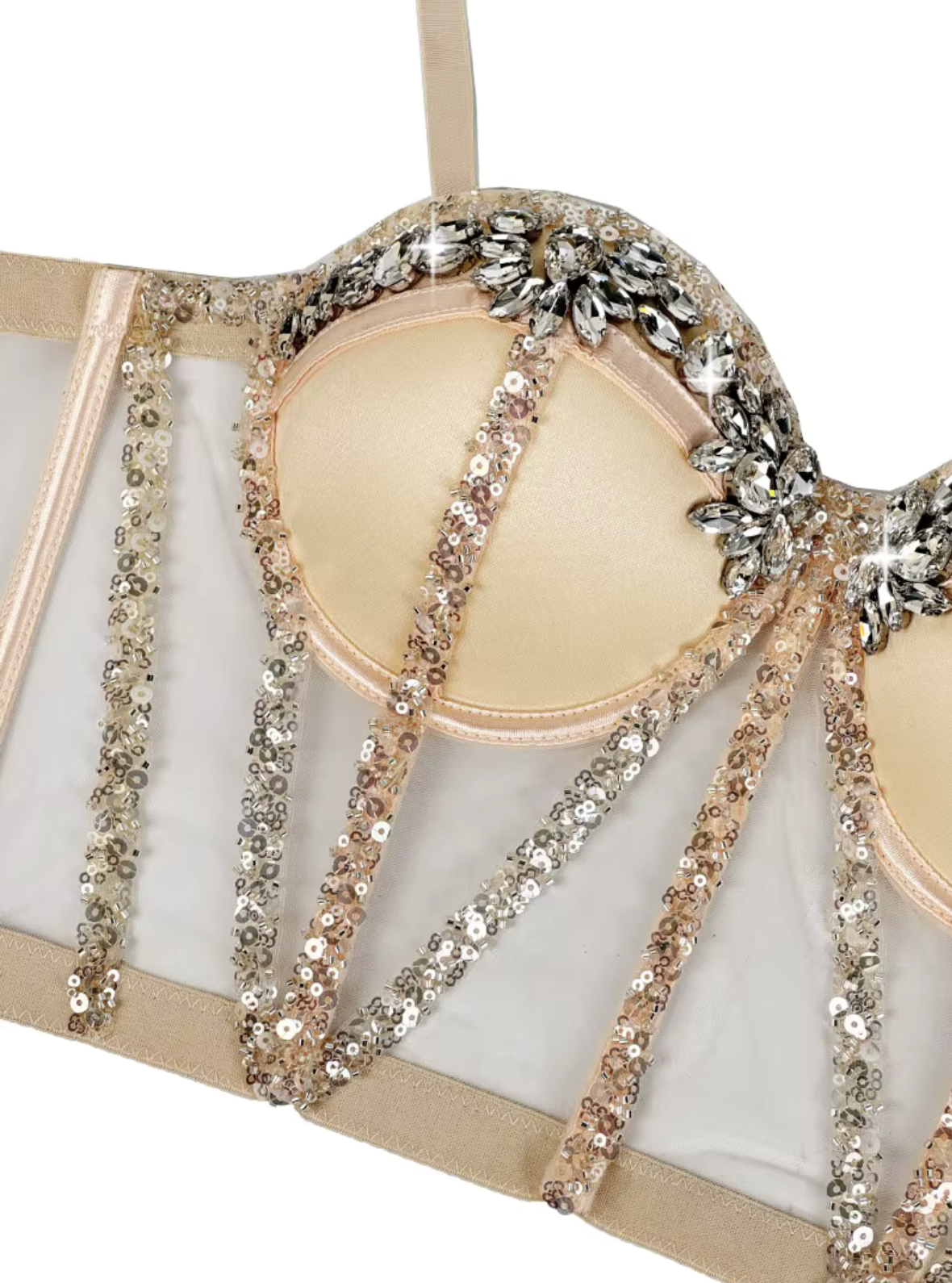 Beige mesh Rocky bustier with sequin-trimmed boning and sparkling rhinestone embellishments on the cups.