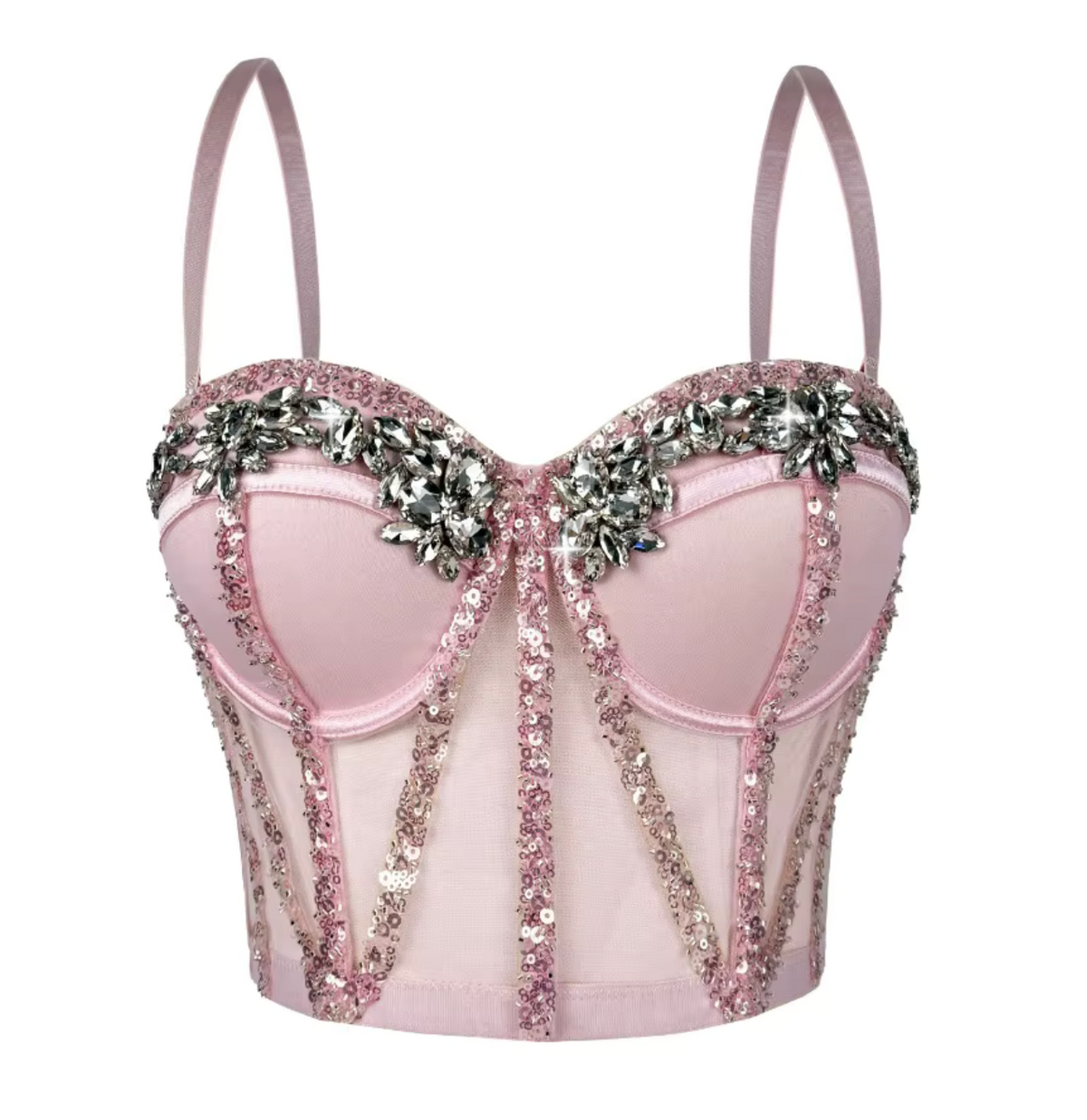 Pink mesh Rocky bustier with structured boning, sequin trim, and ornate rhinestone embellishments on the cups.