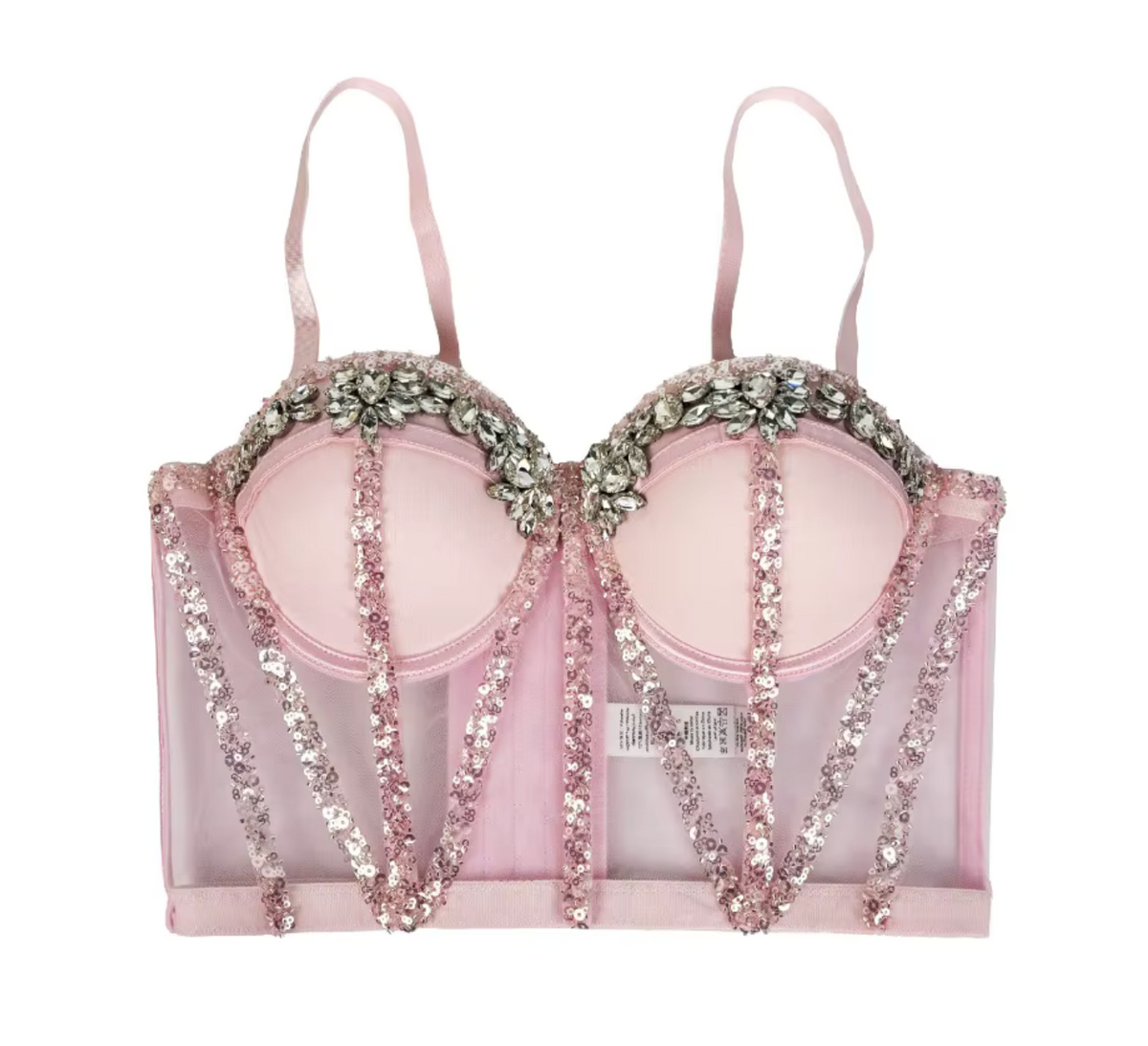 Pink mesh Rocky bustier with rhinestone embellishments, sequin-trimmed boning, and a supportive cropped silhouette.