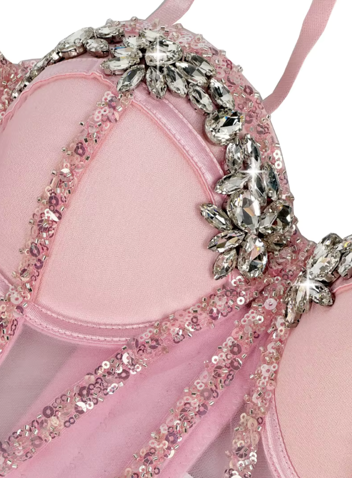 Pink Rocky bustier featuring luxe mesh, structured boning, and intricate hand-placed rhinestone and sequin embellishments.
