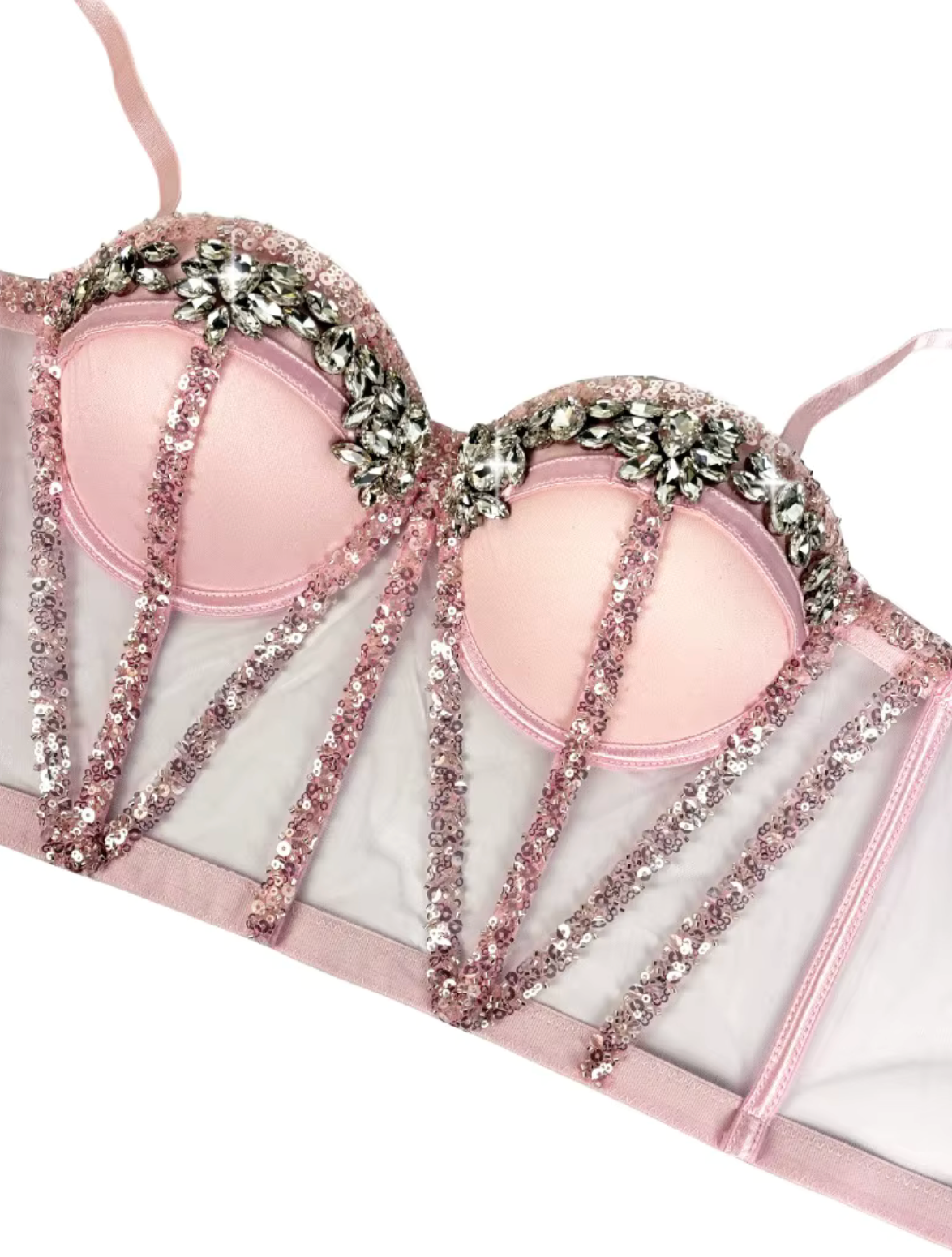 Pink mesh Rocky bustier featuring structured boning, sparkling sequin trim, and hand-placed rhinestone embellishments.