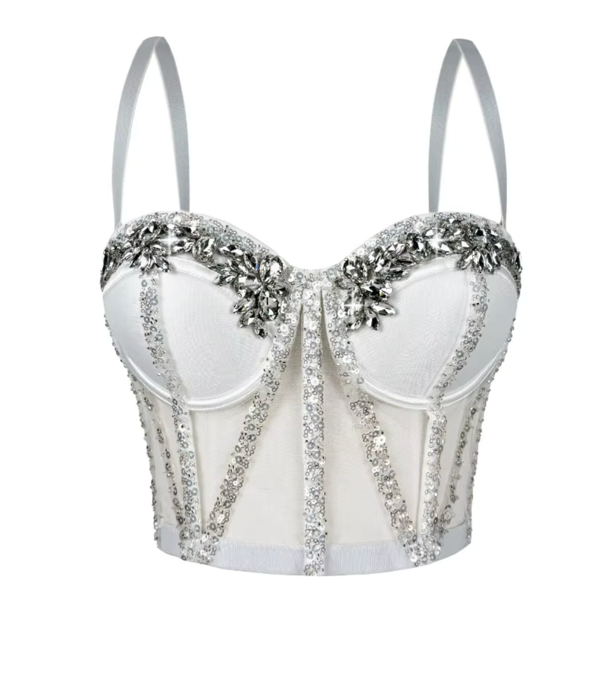 White mesh Rocky bustier with structured boning, silver sequin trim, and sparkling crystal embellishments on the cups.