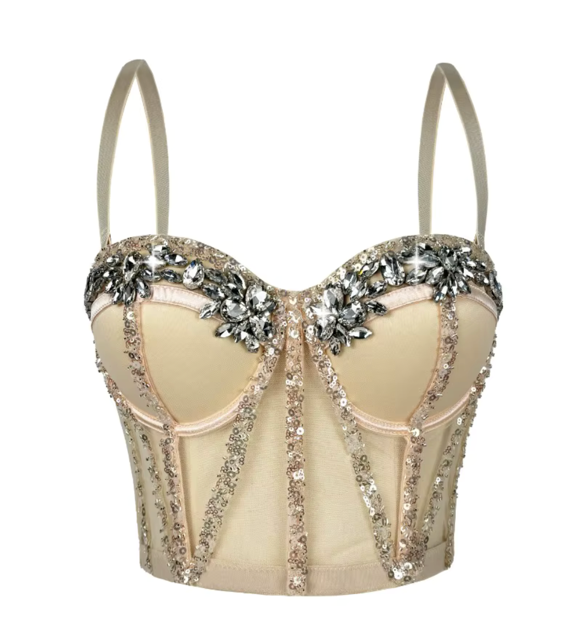 Rocky beige mesh bustier with structured boning, sequin trim, and sparkling rhinestone embellishments on the cups.