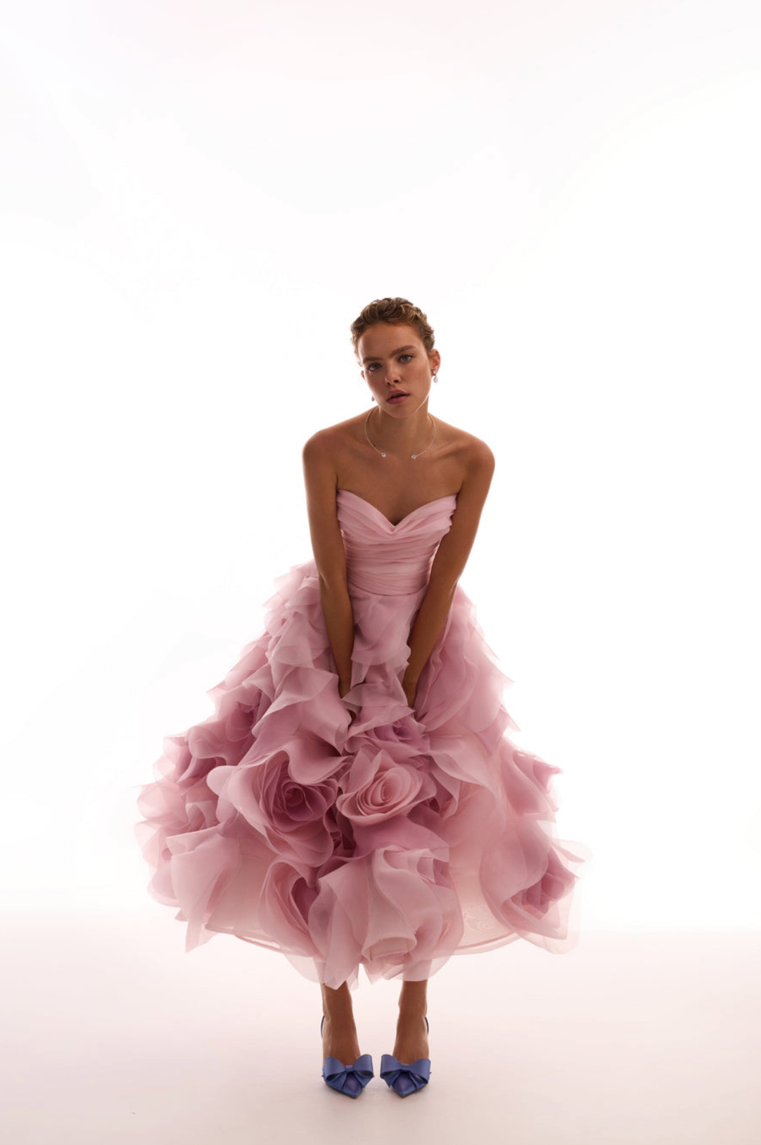 Woman wearing the Old Money Collection Couture Poppies Lane Organza Dress