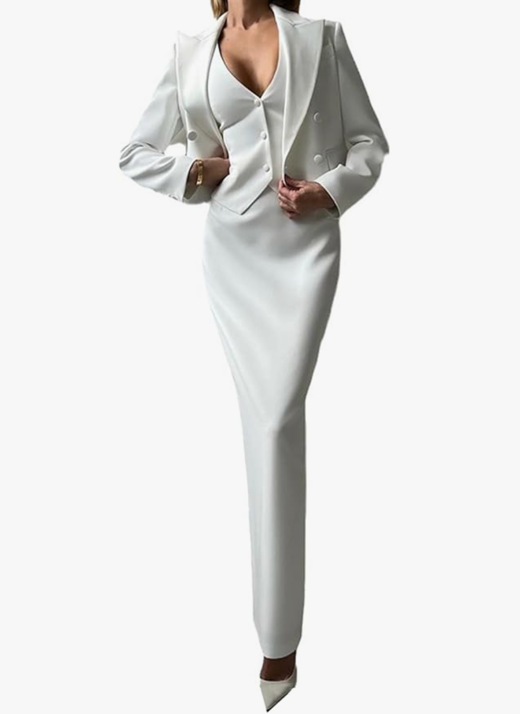 Woman wearing the Old Money Collection Couture Camarena Three Piece Skirt Set