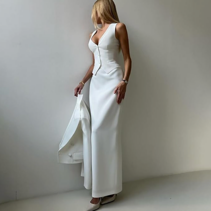 Woman wearing the Old Money Collection Couture Camarena Three Piece Skirt Set