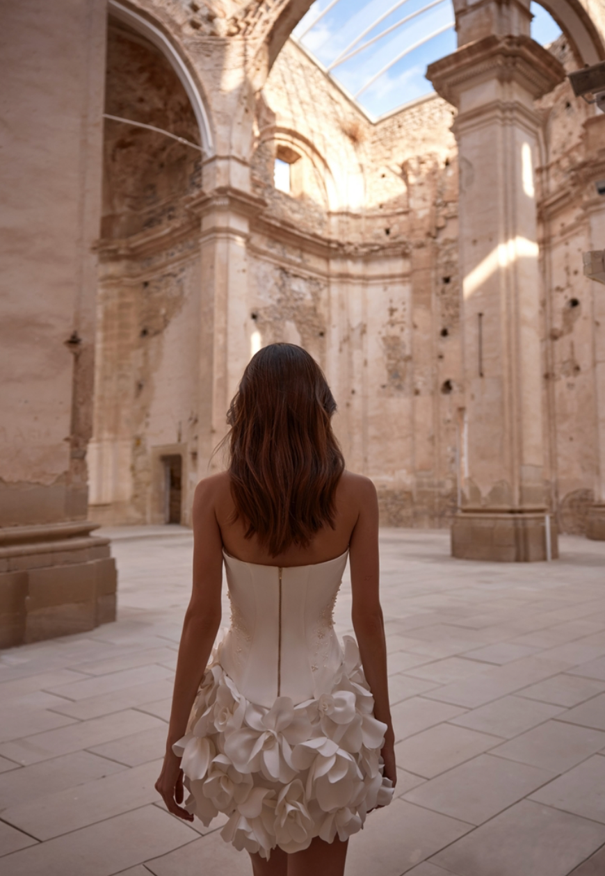 Woman Wearing The Old Money Collection Couture La Cienega Bridal Mini