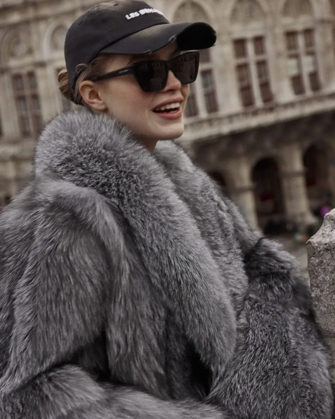 Woman wearing the Calle Ocho Fur Coat