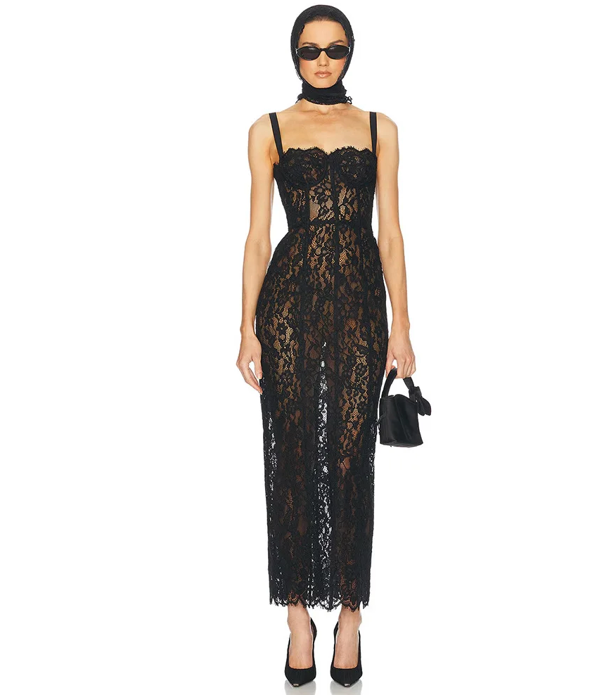 Woman wearing Black Tie Lace Midi on a white background