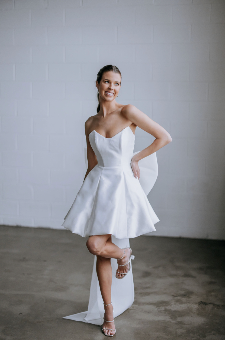 White Satin Bridal Mini Dress with Detachable Organza Bow