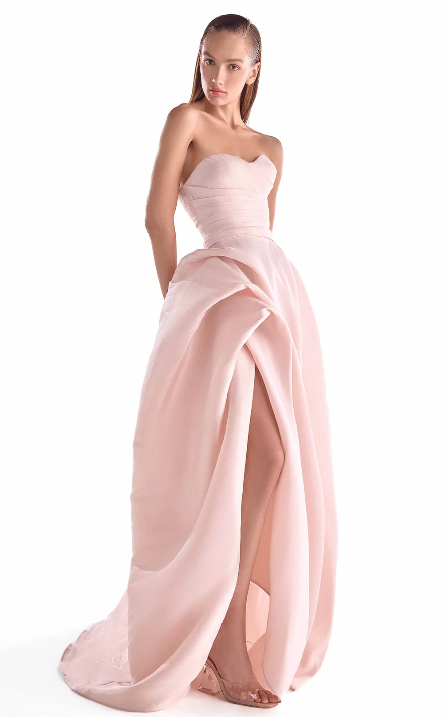 Salmon Pink Organza Strapless Gown with High Slit
