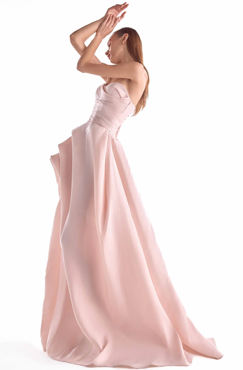 Salmon Pink Organza Strapless Gown with High Slit