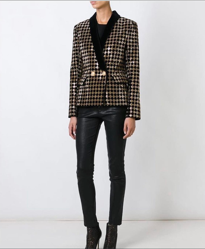 Rhombic Rhinestone Double Breasted Fruit Collar Velvet Blazer With Ornate Gold Buttons