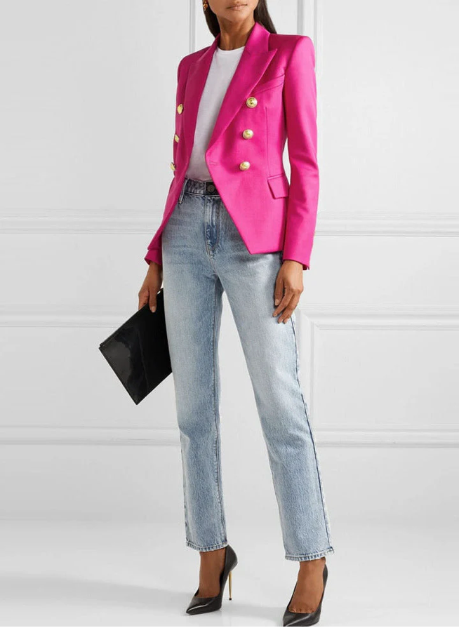 Fuchsia Long Sleeve Blazer With Gold Ornate Buttons