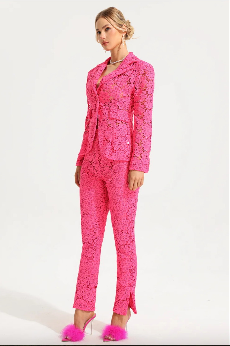 Elegant Lace 2-Piece Suit with Pencil Pants and One Button Single Breasted Blazer