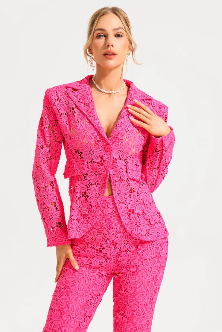 Elegant Lace 2-Piece Suit with Pencil Pants and One Button Single Breasted Blazer