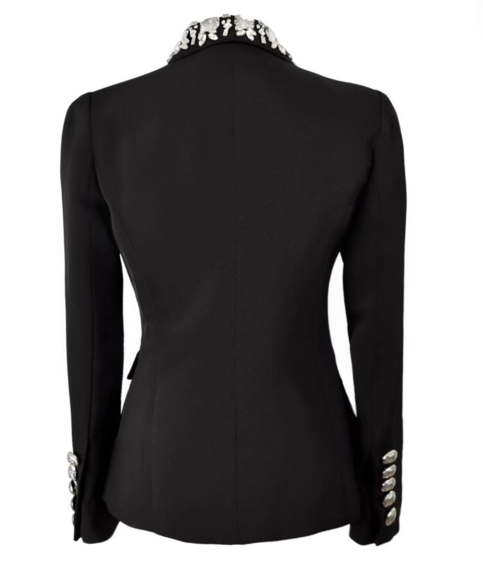 Casual Long Sleeve Black Blazer With Rhinestones