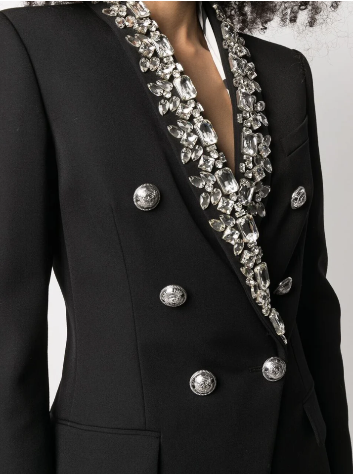 Casual Long Sleeve Black Blazer With Rhinestones
