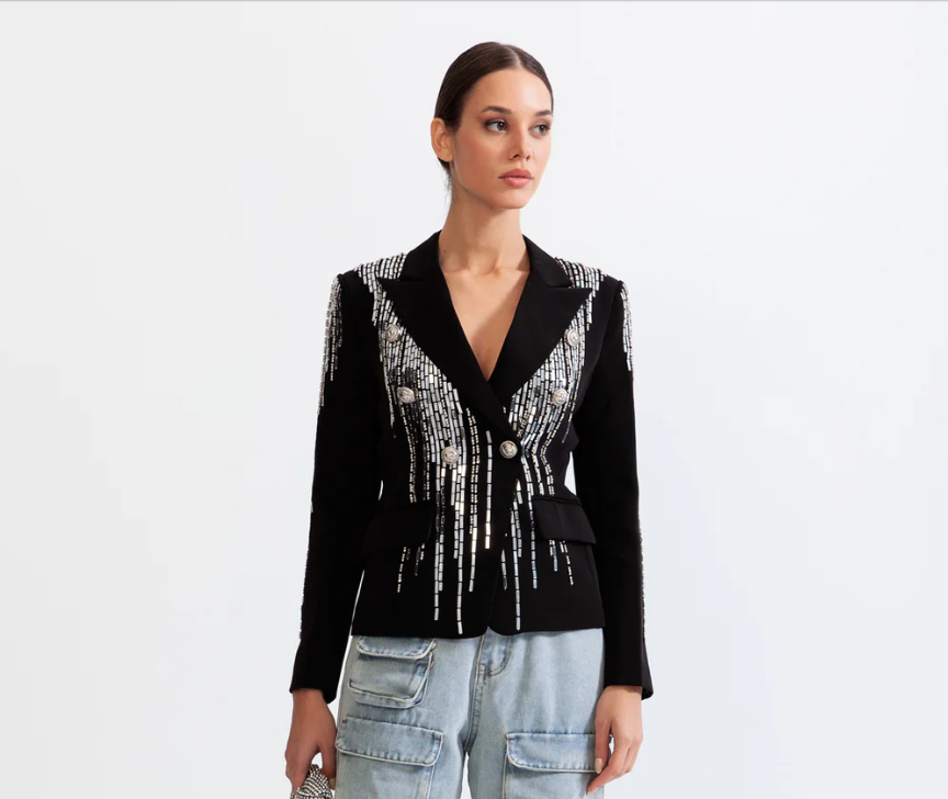 Double Breasted Metal Sheet Blazer With Heavy Industry Beads