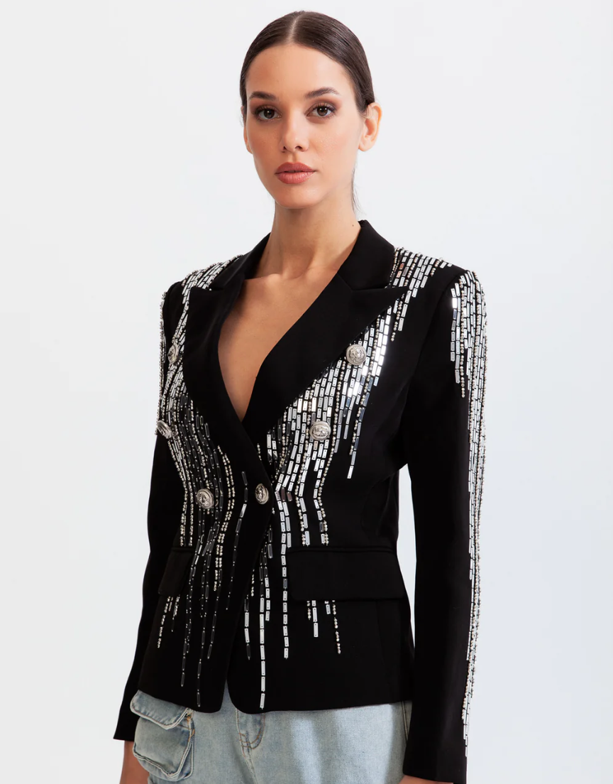 Double Breasted Metal Sheet Blazer With Heavy Industry Beads