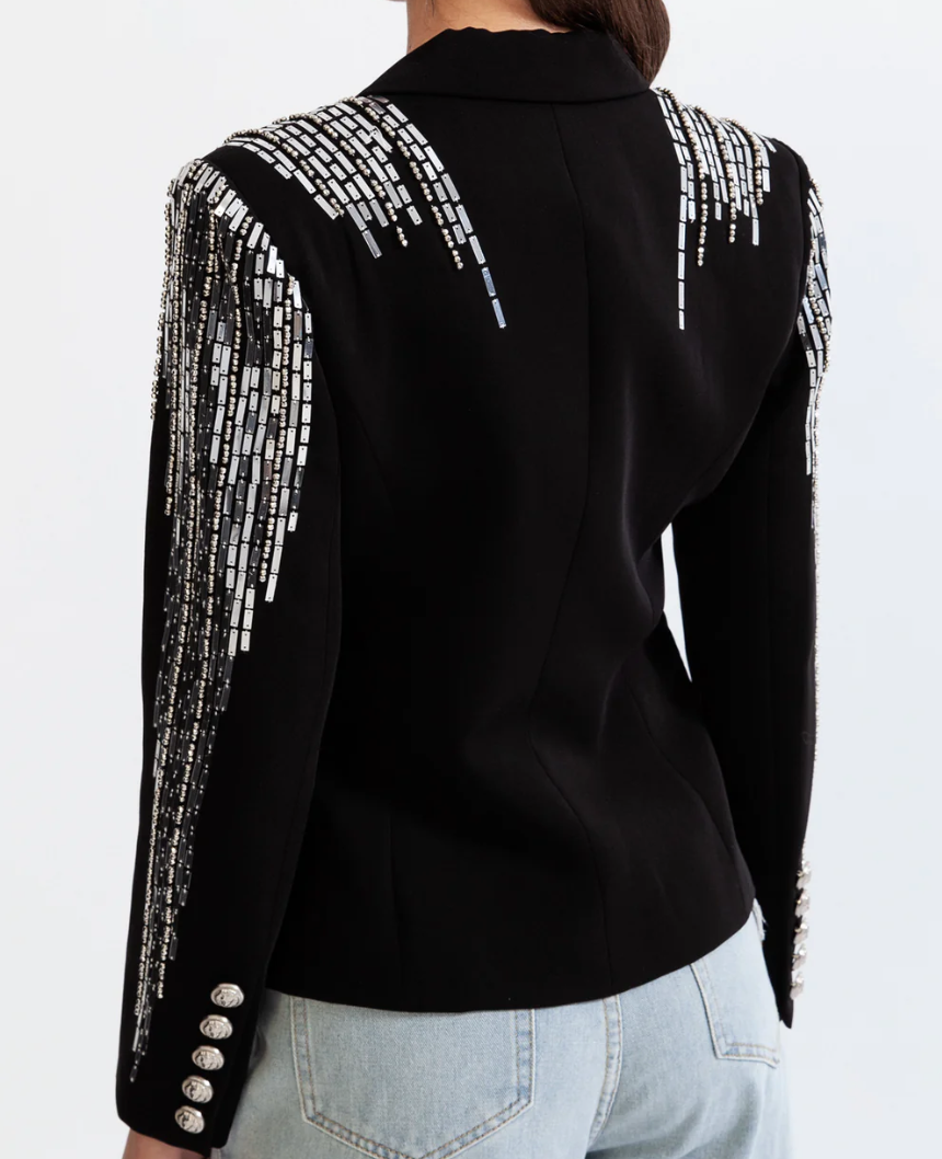 Double Breasted Metal Sheet Blazer With Heavy Industry Beads