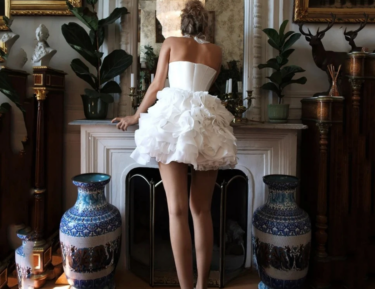 Woman wearing the Old Money Collection Couture Lazaro Cardenas Party Dress